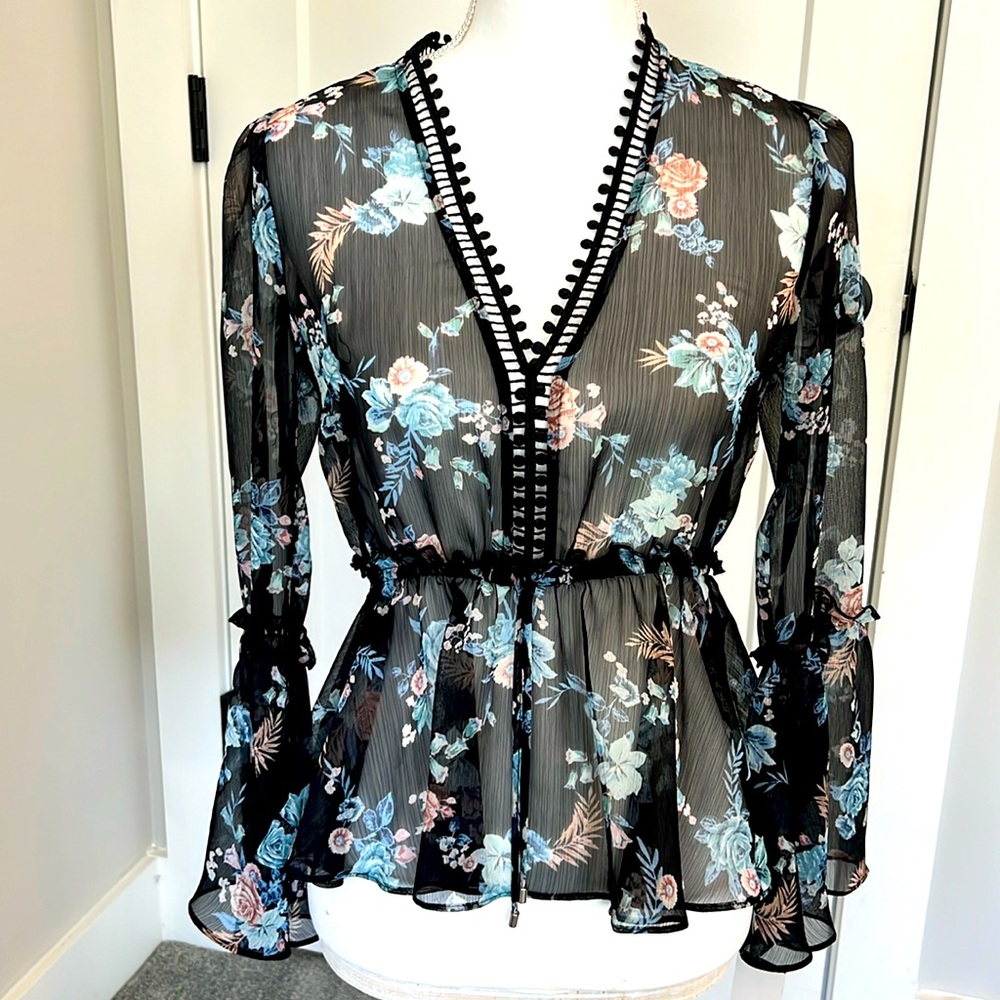 XS White House black market sheer blouse ruffles blue and pink floral